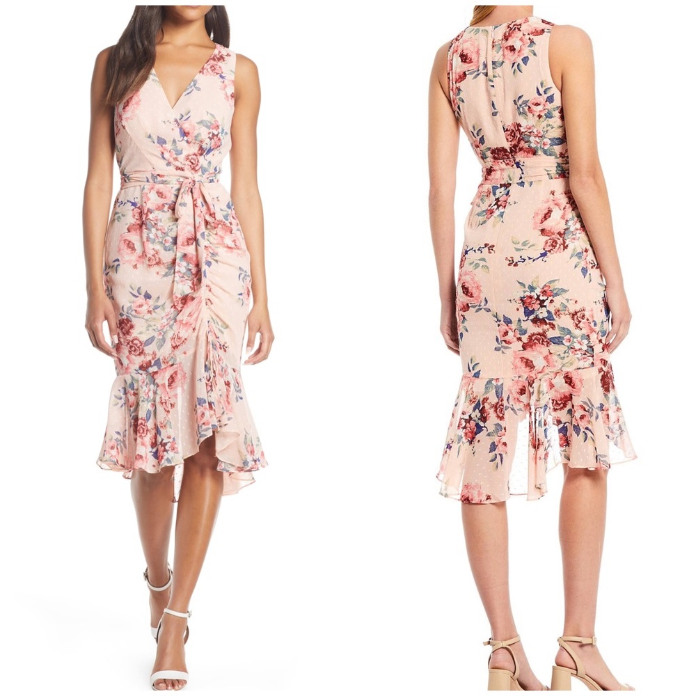 Eliza J Dresses Eliza J Floral Ruched Chiffon Faux Wrap Dress wedding guest - Picture 1 of 8